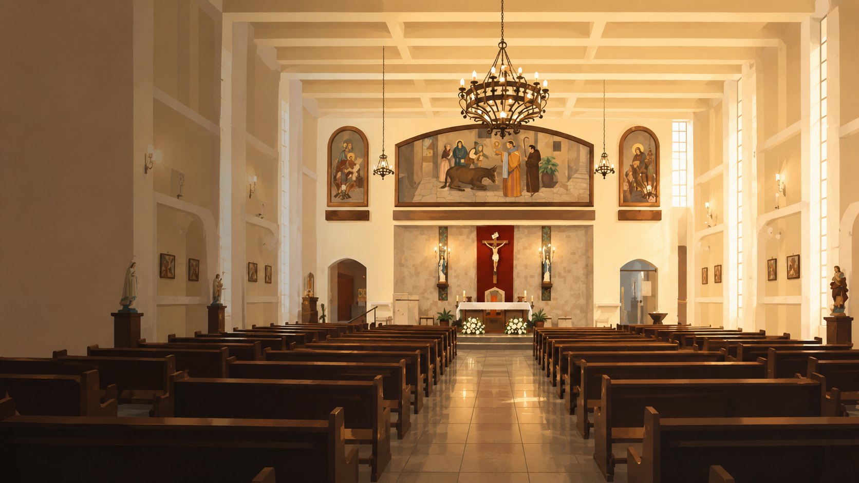 Ilustração do interior da Igreja Santo Antônio: nave, altar e mural do padroeiro